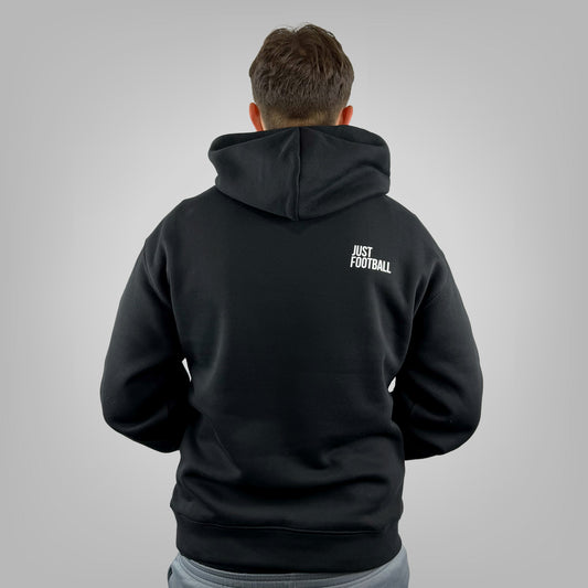 Male model wearing the ONETWENTI Just Football men's relaxed fit hoodie, rear view