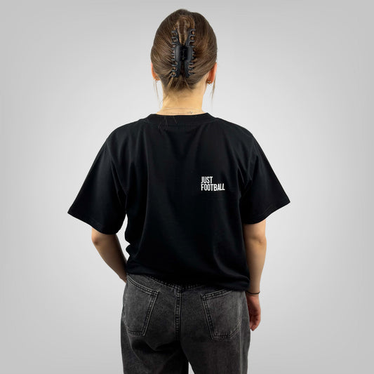 JUST FOOTBALL women's black t-shirt with large back print, rear view on light grey background